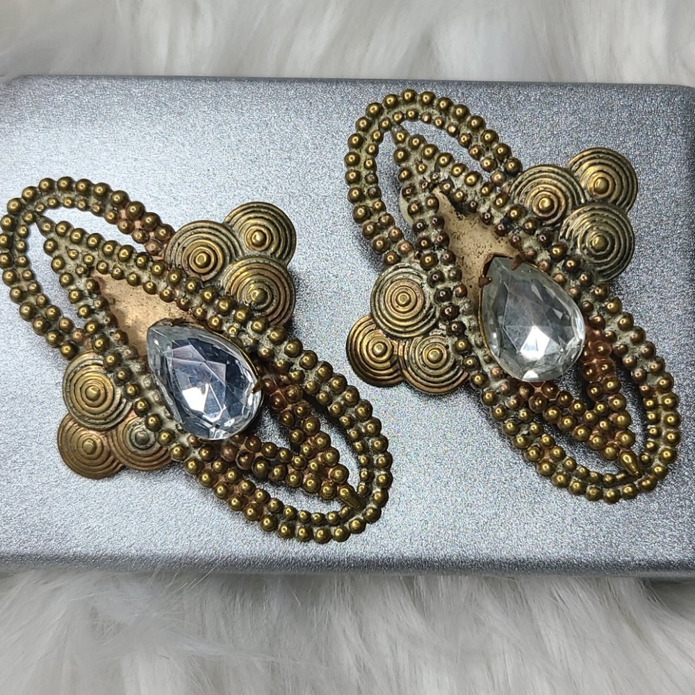 Retro 80's Clip On Earrings  Bronze Crystal Handmade Eclectic Jewelry Infinity - Picture 2 of 3